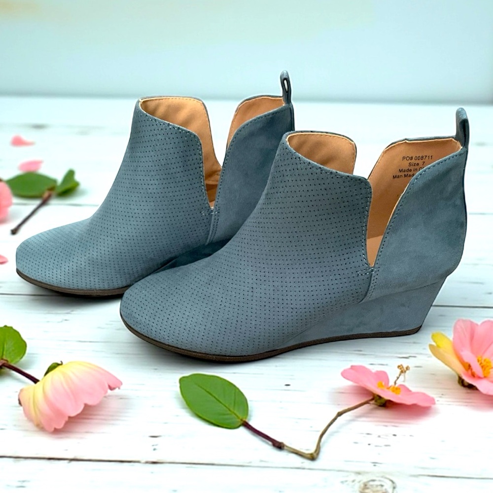 Journee Collection Blue Perforated Vegan Leather Wedge Ankle Boots